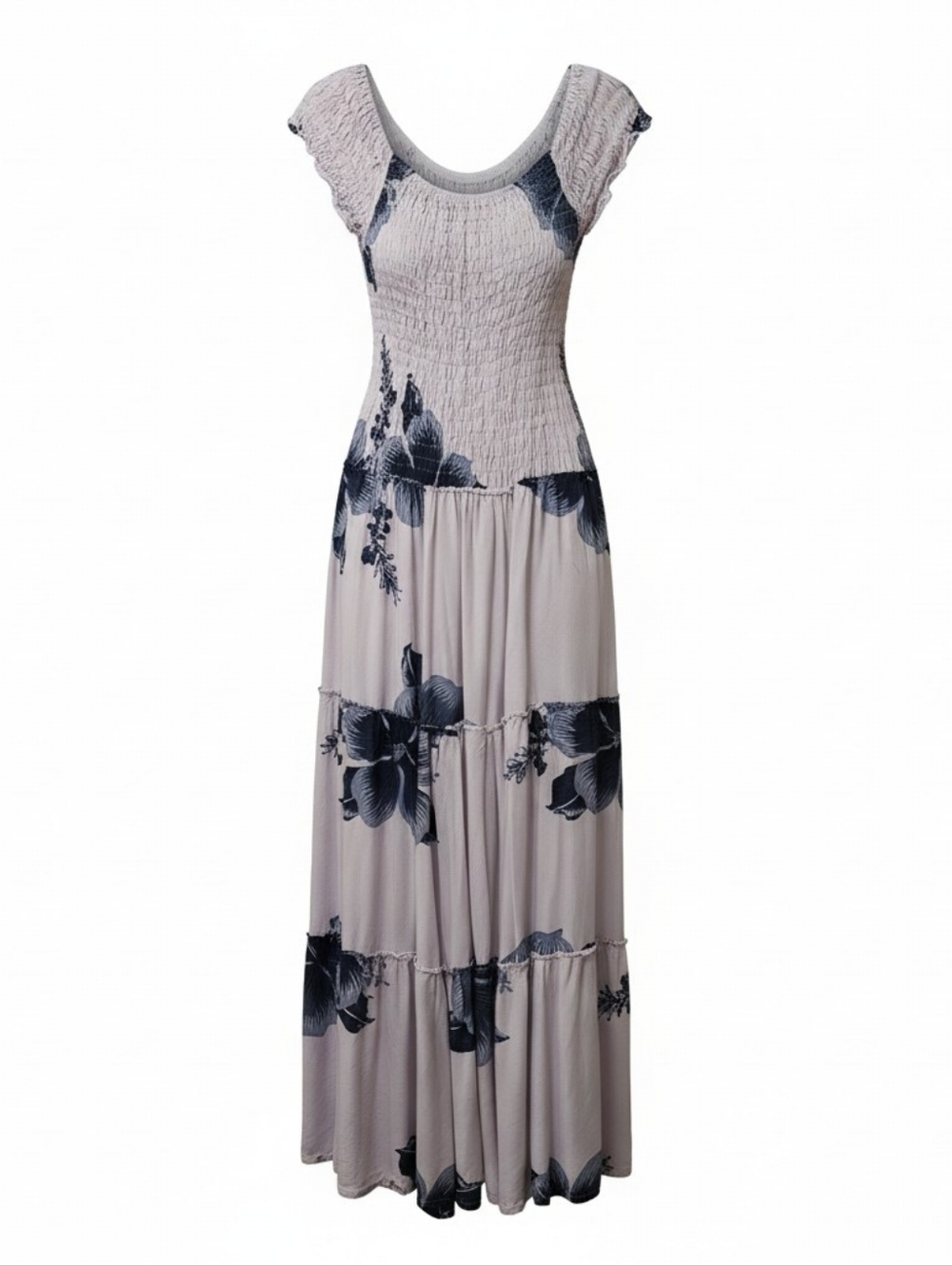 Smocked Floral Maxi Dress - White with Blue Floral